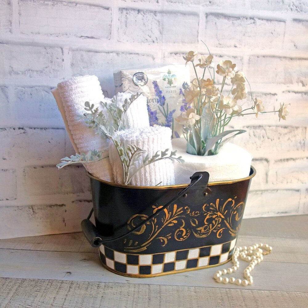 Checked Caddy Vanity Organizer Checkered Guest Towel Holder Checked Storage Box